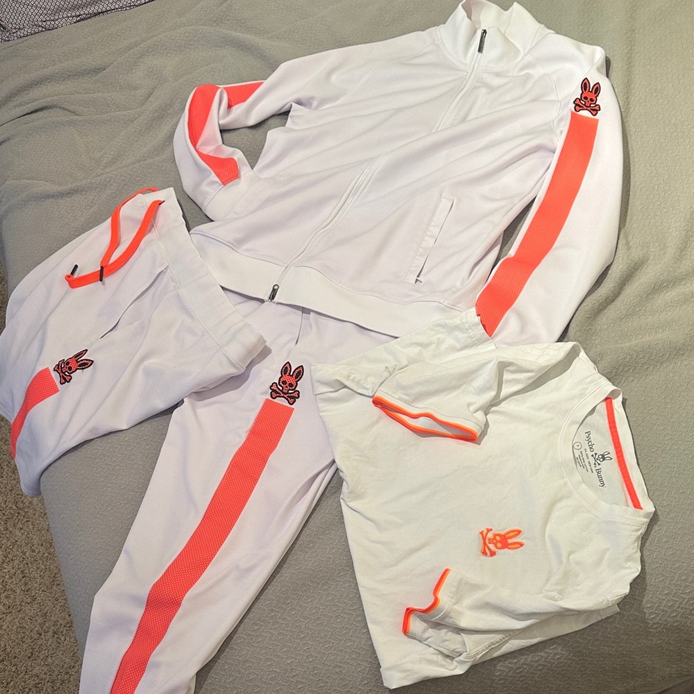 Psycho Bunny White and Orange PerformanceTracksuit & matching shorts&Tshirt